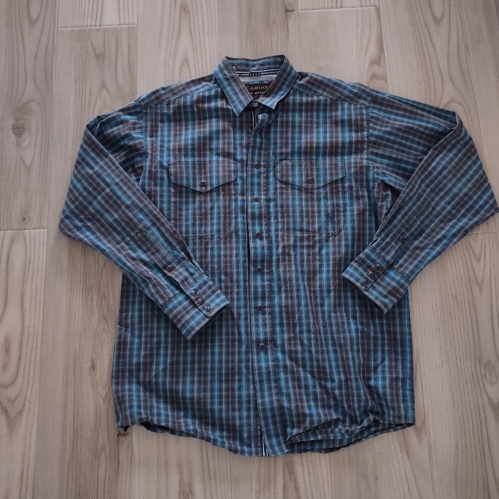 Ariat Pearl Snap Shirt Mens Medium Blue Plaid Cowboy Western Pro Series Nice